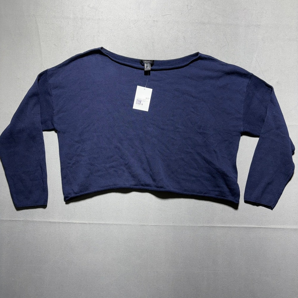 Forever 21 Navy Blue Cropped Cotton Knit Sweater Boat Neck Boxy Fit Small NWT